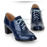 Blue Patent Glossy Lace Up Vintage High Heels Oxfords Dress Shoes